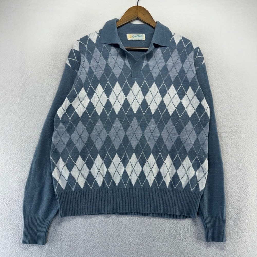 Vintage Gino Paoli Sweater Mens Medium Blue Argyle V-Neck Pullover Acrylic 80s